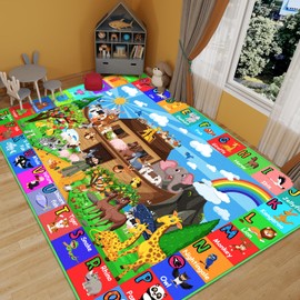 DINSUMRUG ABC Kids Rug for Playroom 110×78.7 in Noah's Ark Animals Rug Baby Play Mat Alphabet Playrug Shape Color Classroom Rug Kids Playroom Rug Early Learning Carpet for Preschool Toddlers Tummy