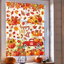 AnyDesign 6 Sheet Large Thanksgiving Happy Fall Y’All Window Clings Autumn Pumpkin Maple Leaves Fall Truck Window Decals Fall Harvest Double-Sided Reusable PVC Stickers for Home School Party Supplies