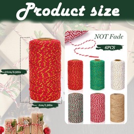 6 Rolls Christmas String for Gift Wrapping, Butchers Twine String, 2mm 600M Red and White String, Durable Twine String for Crafts, Bakers Twine, Wrapping String for DIY Craft Decoration Rope