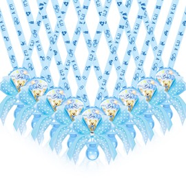 Threlaco 60 Pcs Baby Shower Pacifier Necklace Cute Bear Acrylic Baby Pacifier Party Favors Pacifier Charm Pacifier Necklace for Baby Shower Party Decoration Table Pieces (Blue,Elegant Style)