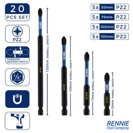 20 x Rennie Tools 50mm 75mm 100mm 150mm Long PZ2 Impact Screwdriver Driver Bits Set. Heavy Duty PoziDriv POZI No.2 Magnetic Screwdriver Bit Set. PZ2 Impact Driver Bits Pozidrive Screw Accessories