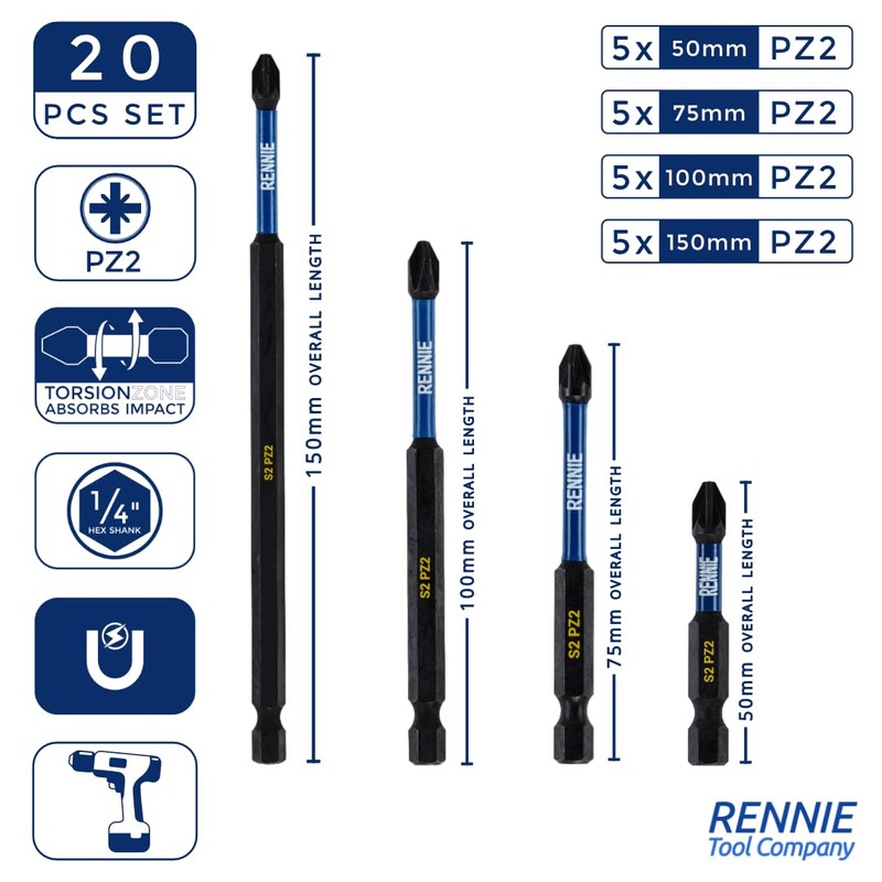 20 x Rennie Tools 50mm 75mm 100mm 150mm Long PZ2