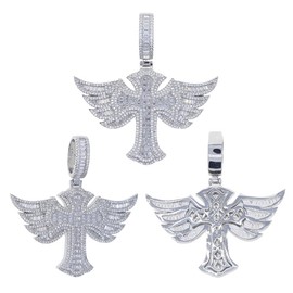 ATJMLADY Holy Cross Wing Pendant Necklace for Hip Hop Men Women Micro Paved Bling Rectangle Round Cz Jewelry (silver)