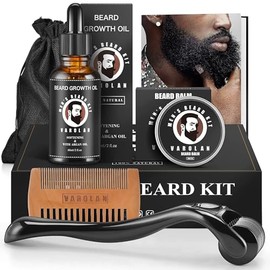 Varolan Kit de Crecimiento y Aseo de Barba - Aceite de Crecimiento (2Oz), Bálsamo, Peine, Libro Electrónico, Bolsa de Almacenamiento, Bigote Juego de 