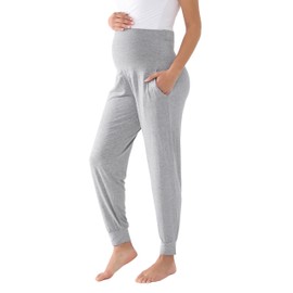 BRATUC Maternity Pants for Women Soft Comfy Stretchy Viscose from Bamboo Pregnancy Lounge Pajama Bottoms with Pockets (Large Grey)