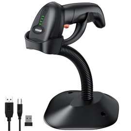 Symcode Bluetooth Wireless Barcode Scanner with Auto-Sensing Stand,Putting on Stand to Scan Automatically Sense Scanning 2D QR Bluetooth Barcode Scanner with Battery Level Indicator More-to-one Mode