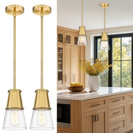 Beionxii 2 Pack Pendant Lights Kitchen Island, Brushed Gold Pendant Lights Kitchen Island, Kitchen Pendant Lighting Over Island for Sink Dining Room Entryway, Clear Glass Shade, BX-PL01BGCG-2PK