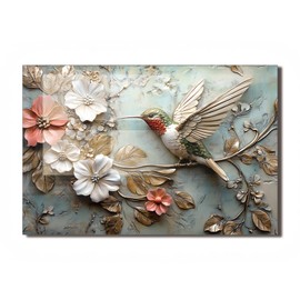 fzxwyishu Tempered Glass Kitchen Backsplash, Stove Back Top Cover, Splashback Tile,Metal three-dimensional hummingbird Kitchen Sink Cover Splash Guard, Home Kitchen Decor (30"x14"(76.2x35.56cm))