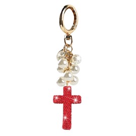 KHGUZ Bling Car Keychain, Pearl Crystal Rhinestones Cross Vehicle Key Chain, Automotive Keyring Accessories, Universal Fit (Red)