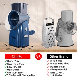 ChinKc Upgrade Rotary Cheese Grater Shredder with Handle, Strong Suction Base, Multi-purpose Rotary Grater Slicer with 5 Interchangeable Blades for Ice, Vegetables, Fruit, Nuts with Blade Storage Box