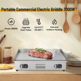 EcoExplorer 3000W 29" Electric Countertop Modern Stainless Steel Flat Top Griddle Grill Commercial Restaurant Teppanyaki Grill with Adjustable Thermostatic Control, 110V
