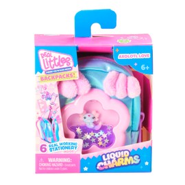 REAL LITTLES Liquid Charms, 1 Liquid Filled Micro-Sized Backpack with Window & Tiny Animal Charm Bobbing Inside, Reveal 6 Cute Tiny Animal Themed Stationery Surprises - Styles May Vary