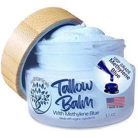 Bálsamo de sebo de res alimentado con pasto batido infundido con azul de metileno de AzulBotanicals, antienvejecimiento, humectante, estrías, rosácea, psoriasis, eczema, acné, todo tipo de piel, ingredientes orgánicos 1,7 oz