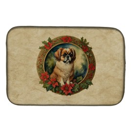 Caroline's Treasures DAC2438DDM Tibetan Spaniel Christmas Flowers Dish Drying Mat Absorbent Dish Drying Mat Pad for Kitchen Counter Dish Drainer Mat for Countertop, 14 x 21", Multicolor