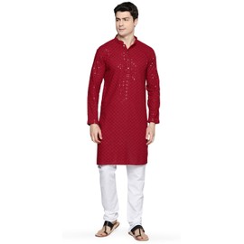 Indian Chikankari Embroidered Sequined Cotton Men's Kurta Pajama (Maroon, L)