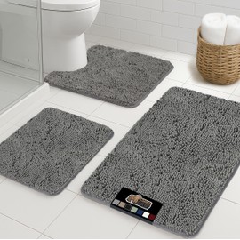 GORILLA GRIP Plush Absorbent Shaggy Chenille Bath Rug Set for Oval Toilet Base with Rubber Backing, Machine Washable Rugs, Rug Set Includes 24x19.5 Oval, 24x17, and 30x20 Inch Rugs, Gray