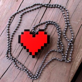 Red 8 Bit Pixel Heart Cosplay Necklace, Pixelated Point Graphic Gaming Life Container Pendant