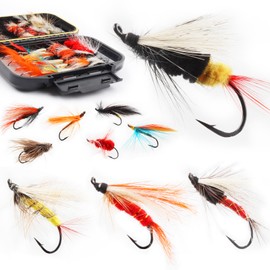 Kit surtido de moscas para pesca con mosca, Nyphms seco y húmedo, Tenkara Popper, serpentín lanudo para trucha, lubina, salmón, Steelhead con caja de moscas (60 unidades, kit de moscas de salmón con