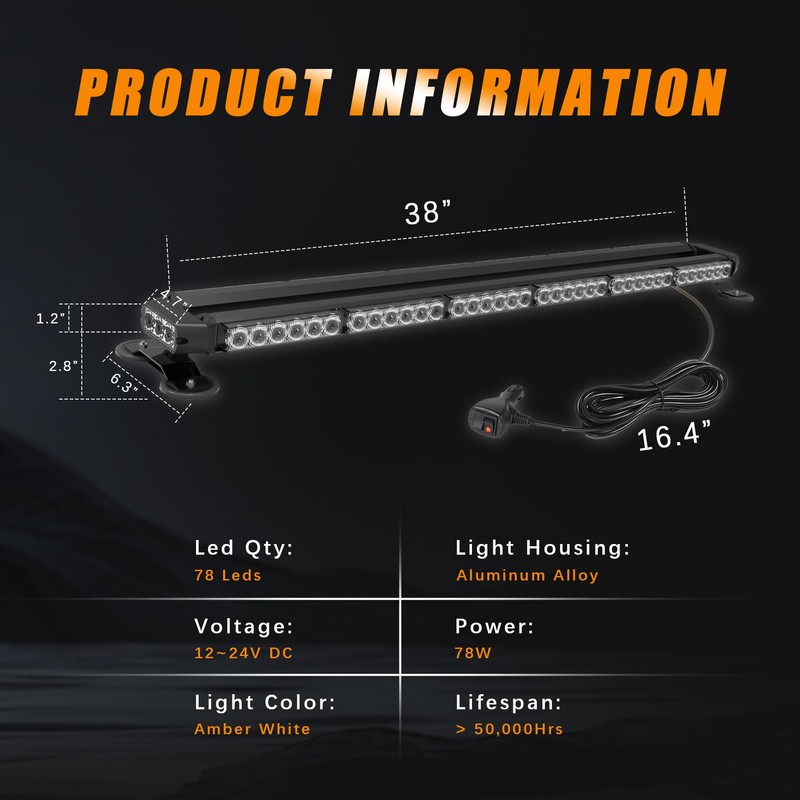 Amexmart 38" 78 LED Emergency Rooftop Strobe Light Bar Safety