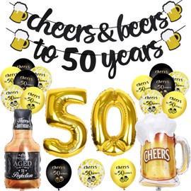50th Birthday Decorations, Party Decorations with Cheer Banner, 40Inch Number 50 Foil Balloons, 50th Sign Black Gold Balloons Champagne Cups Foil Balloons, Happy Birthday Decor for Women Men