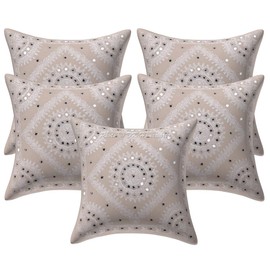DK Homewares Ethnic Couch Decorative Cushion Covers 40 x 40 cm Cotton Cream Embroidered Cushion Covers Indian Home Decor Mirrored Square Boho Cushion Covers - Set of 5 (Cover Only)