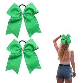 2 Pcs Cheerleader Hair Bows for Women Glitter Large Cute Bow Hair Ties 8 inch Ponytail Holder Elastic Band Cheer Bow Hair Accessories for School Sports (Green B)