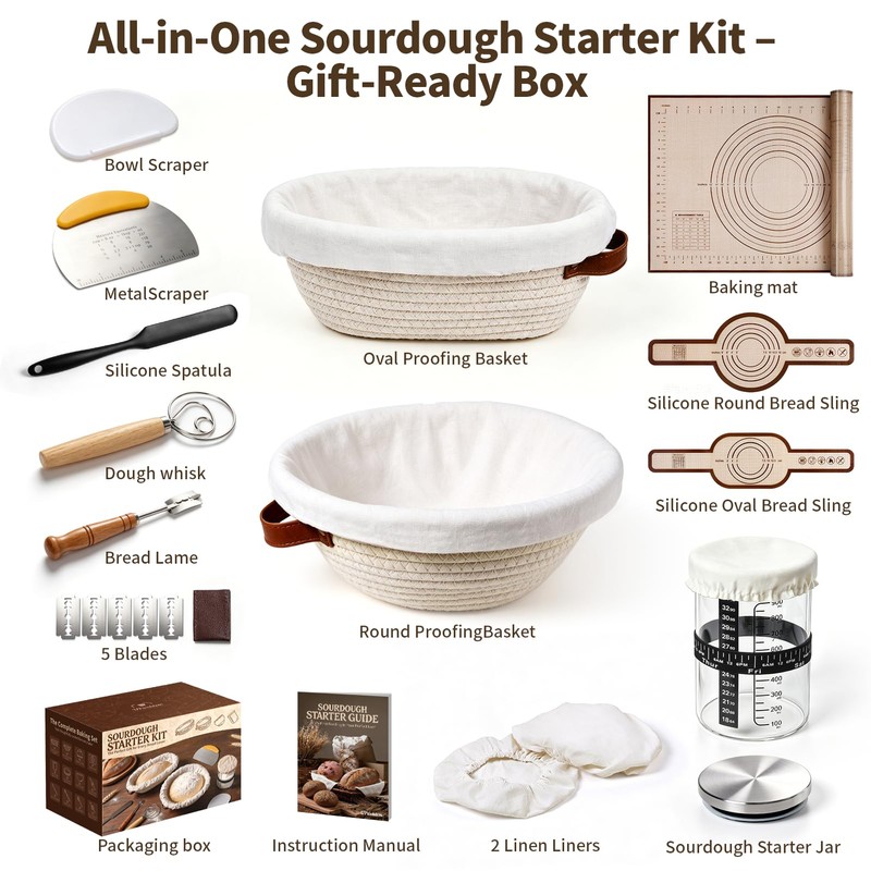 Sourdough Starter Kit with Proofing Basket,bread baking supplies & 34oz