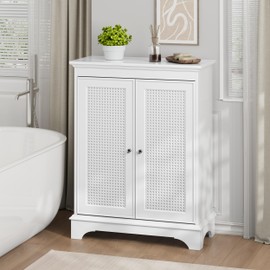 Smuxee Floor Bathroom Storage with Rattan Doors, White Bathroom Cabinet with Adjustable Shelf, Freestanding Modern Cabinet Organizer for Bathroom, Living Room, Kitchen