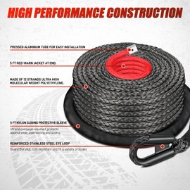Nilight Synthetic Winch Rope, 3/8 Inch x 82 FT 25000 Ibs Winch Line Replacement for ATV UTV 4WD Off-Road Vehicle Jeep SUV Truck Winch Cable Accessory with Red Jacket Rope and Protective Sleeve, Black