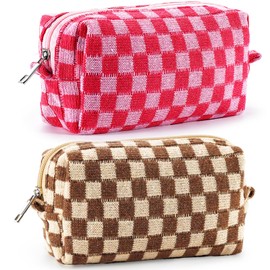 ZLFSRQ ZLFSRQ 2Pcs Checkered Makeup Bag for Women Large Capacity Cosmetic Bag Set Travel Makeup Pouch for Purse Zipper Toiletry Organizer Cute Y2K Aesthetic Trendy Makeup Brushes Storage Bag(Pink/Brown)