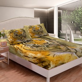 Tiger Bedding Sheet Wild Animal Fitted Sheet for Kids Boys Girls Retro Style Yellow Tiger Fitted Sheet Breathable Wildlife Single Size