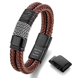 murtoo Men's Premium Leather Bracelet in Black and Brown, Magnetic Clasp Made of Stainless Steel, Great Gift Idea for Men, Stainless Steel, No Gemstone