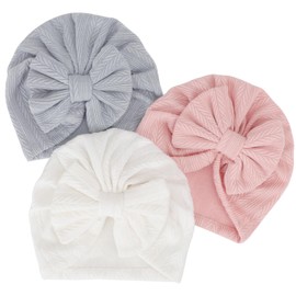 DRESHOW Newborn Baby Hat Soft Stretchy Baby Turban Hat with Bow Infant Girls Boys Hat Nursery Hospital Hat Beanie for Newborn Baby Toddlers Pack of 3, 3 pack bow set-a01uk / 3-12 months