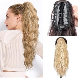 Aientt Curly Ponytail Extension Fluffy Drawstring Ponytail for Women Kinky Curly Clip in Hair Extensions Long Curly Wavy Ponytail Extension Synthetic Hairpiece for Daily Use (27H613#, 16Inch, Wavy)