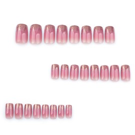 Gradient French Press on Short Square Fake Nails - Gold Glitter Glue on Full Cover Nude False Nails With Glossy Reusable Glitter Gradient Acrylic for Women Girls Manicure Decor - 24Pcs
