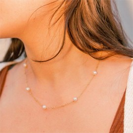 HUARJO Layered Pearl Necklaces for Women 18K Gold Plated Dainty Pearl Choker Necklaces Trendy Jewelry Gifts for Women. (Satellite Pearl-Gold(40+5))