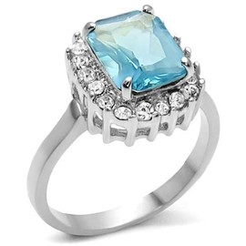 YourJewelleryBox AQUAMARINE EMERALD CUT SIMULATED DIAMOND RING STAINLESS STEEL TK9X041 T