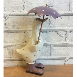 Davids Ducks Large White and Lilac Polka Dot Duck with Umbrella and Wellington Boots - Lovely Decorative Ornament - Great Gift Idea