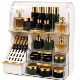Organizador de Maquillaje Premium Acrílico con Tapa Abatible, Cajones Deslizables y Compartimentos, Blanco con Acabados Dorados, 30x19x36.5 cm        
