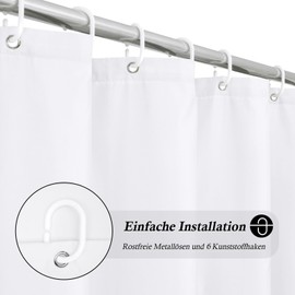 EurCross Shower Curtain, 100 x 200 cm, Slim White Shower Curtain, Textile Fabric, Waterproof Bath Curtain, Anti-Mould, Antibacterial, Washable, Quick-Drying, Bathroom Curtain with 6 Rings