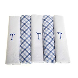 Surf the Shop Pack of 5 Mens Initial Embroidered White Handkerchiefs with Satin Border and Blue Check Handkies, Various Letters