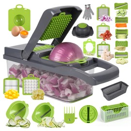 Multifunctional vegetable cutter 23 in 1 vegetable slicer, cucumber slicer, potatoes, tomatoes, zucchini, garlic, eggs, vegetable cutter with container and lid, salad cutter, dicing machine, shredder