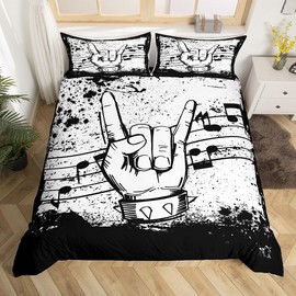 Homewish Rock Music Bed Set Musical Theme Duvet Cover, Music Notes Print Bedding Set Single Black and White Comforter Cover, Grunge Vintage Retro Bed Cover Rock Popstar Musician Bedroom Decor