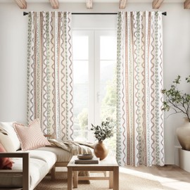 Terracotta and Green Boho Floral Linen Curtains,Farmhouse Striped Sheer Bohemian Curtains for Bedroom Living Room 96 Inches Long 2 Panel Set