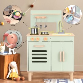 Pillowhale Wooden Play Kitchen Set, Mint Green Stove & Sink with 5 Stainless Steel Tools, Click Knobs, Storage Cabinets, Montessori Toy for Toddlers 3+