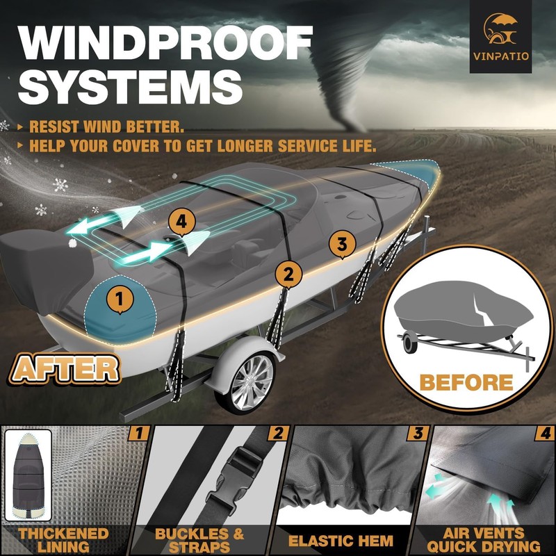 VINPATIO 14-16 ft V-Hull Boat Cover, 600D Solution-Dyed Oxford 100%