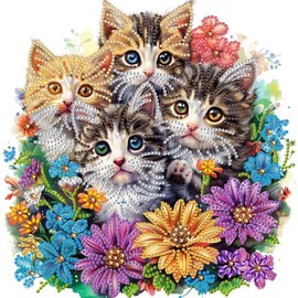 Woteilus Cat Diamond Art Kits for Adults: Stitch Diamond Painting Cute Cats with Flowers for Beginners Special Shaped Animal Diamond Art Cats 12 x 12 inch