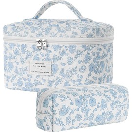 Makeup Bag, Quilted Makeup Bag Set, Cotton Cosmetic Bag, Flower Travel Toiletry Bag, Coquette Aesthetic Floral Toiletry Organizer Bag - Colour: Pink Bow