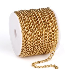 33 Feet 18K Gold PVD Plated Stainless Steel Curb Chain Bulk, 5mm 304 Stainless Steel Flat Twisted Links Curb Chains Roll Spool for Jewelry Making Necklace DIY Craft