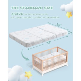 Trifold Pack and Play Mattress 38x26'' Breathable Soft Plush Memory Foam for Baby Toddler Travel Includes Carry Bag Removable Washable Cover Fits Play Pen Playard Pack n Play Mattress Pad